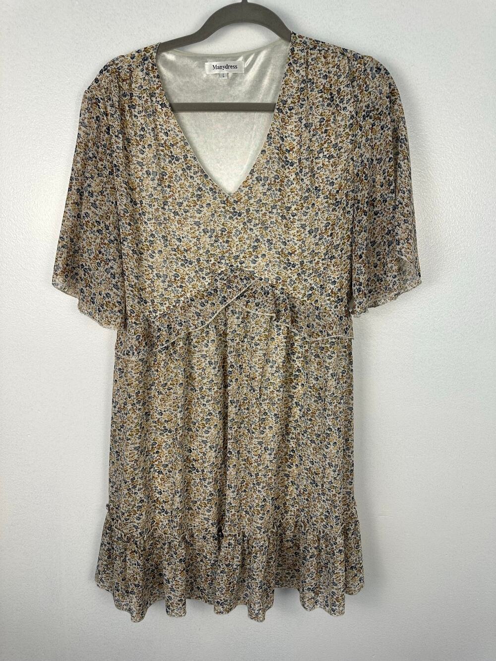 Manydress floral print V-neck swing dress short flutter sleeves ruffled hem UK L